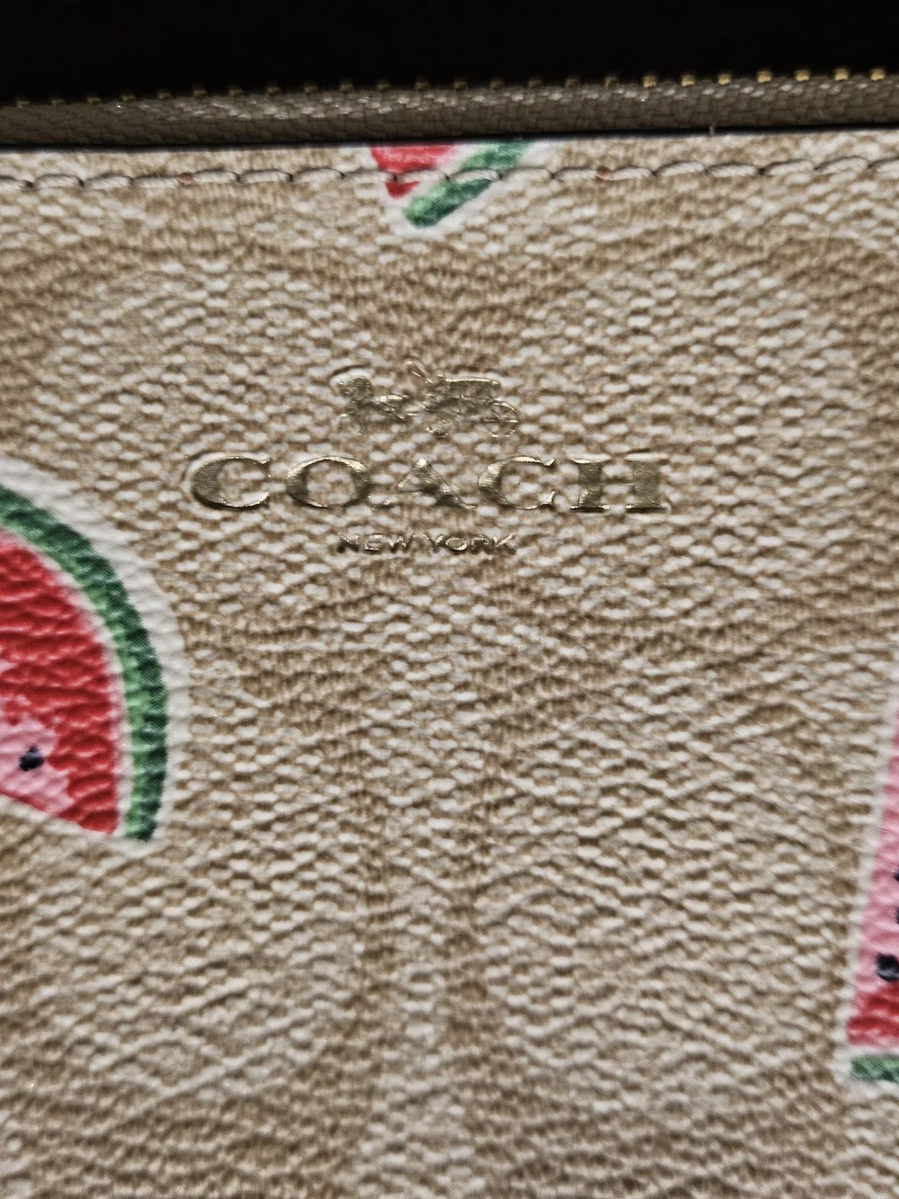 Coach Beige Signature Wristlet with Pink & Green Watermelon Motif